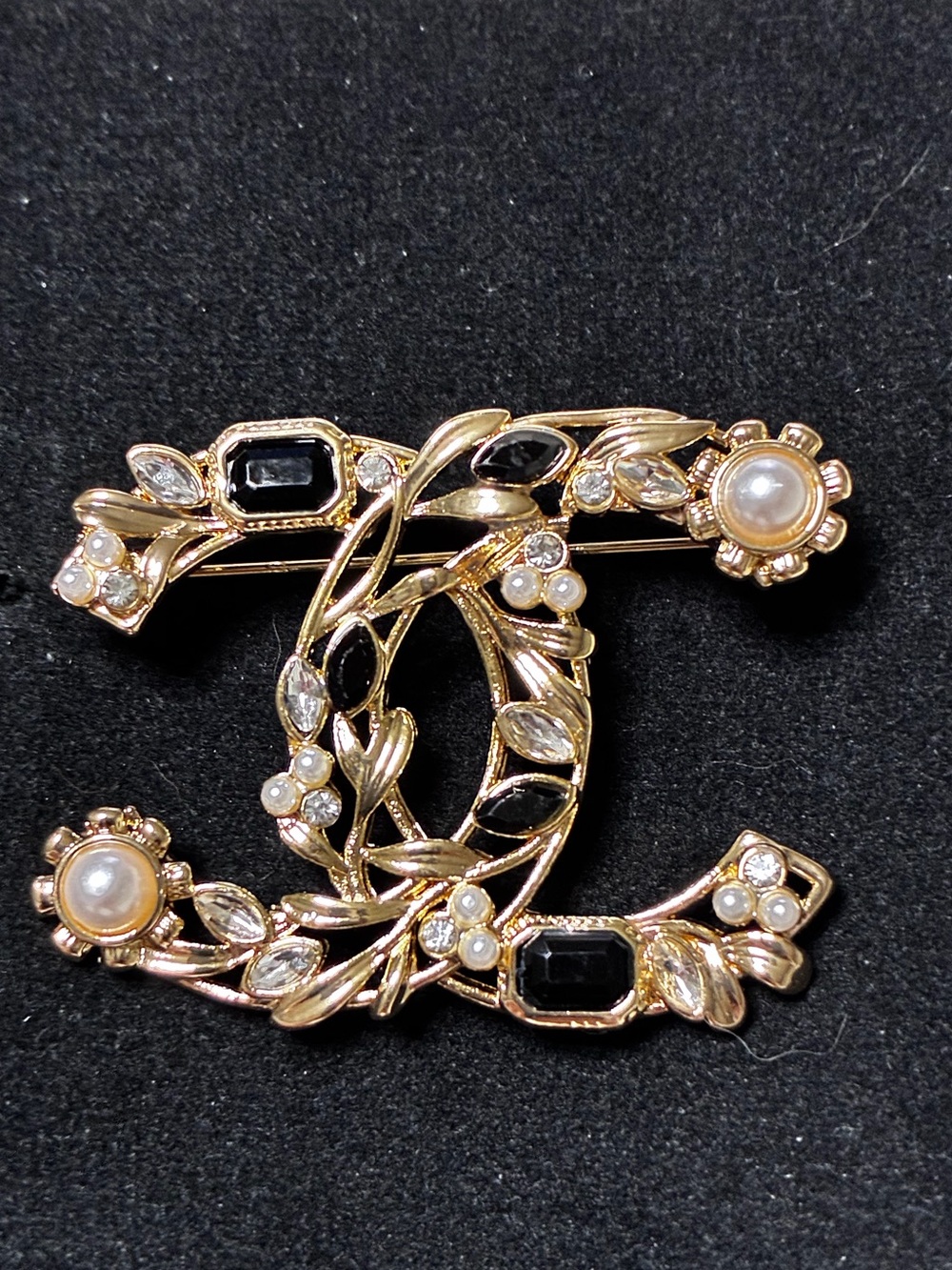 Double C Multi -Stone Gold Tone Ornate Brooch